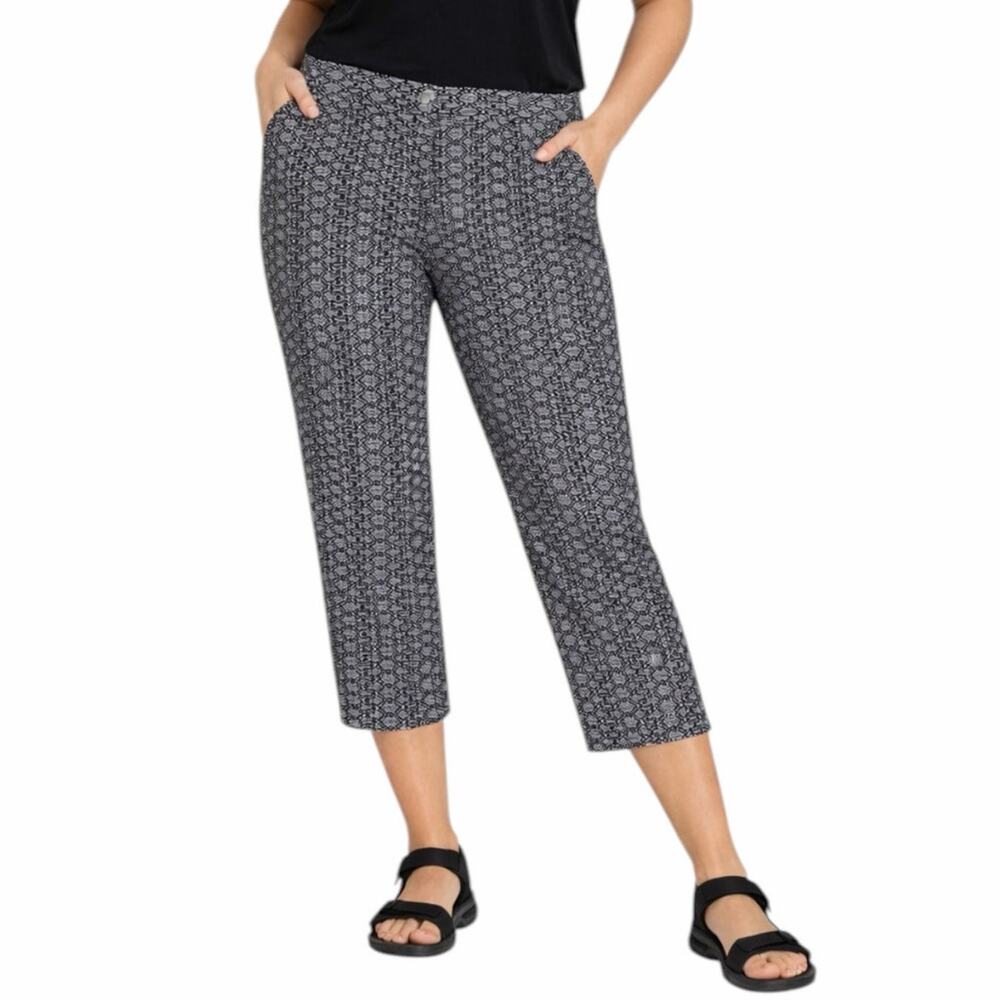 Chico’s Size 3 Black White Geometric Stretch Athleisure Cropped Pants Large